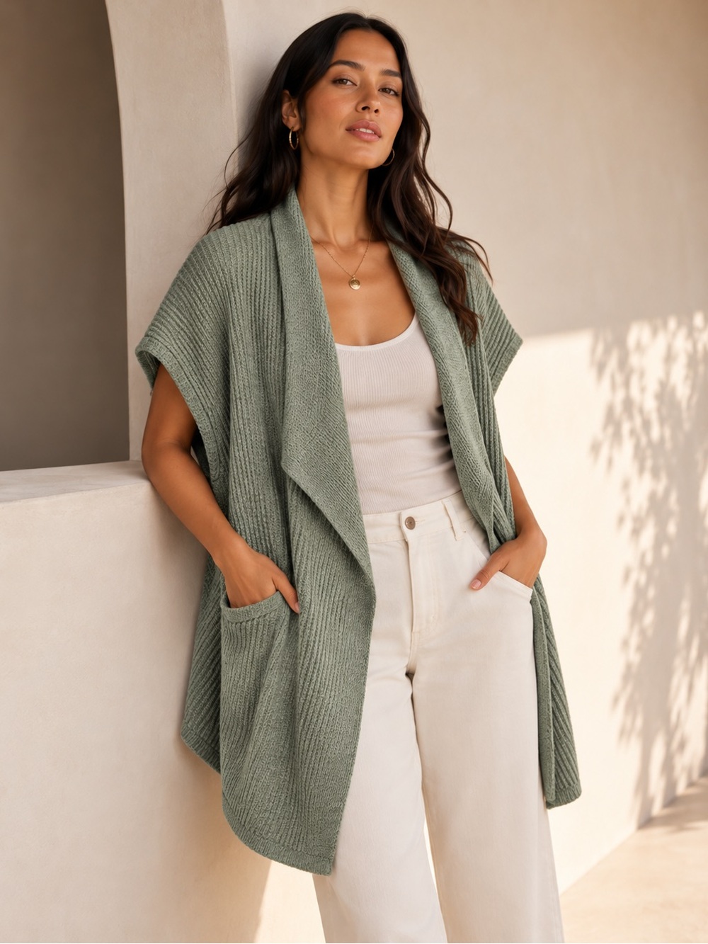 Cozy Soft Surroundings Olive Green Open-Front Knit Cardigan